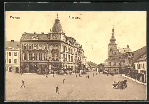 AK Prerau, Ringplatz mit Kutsche und Geschäften