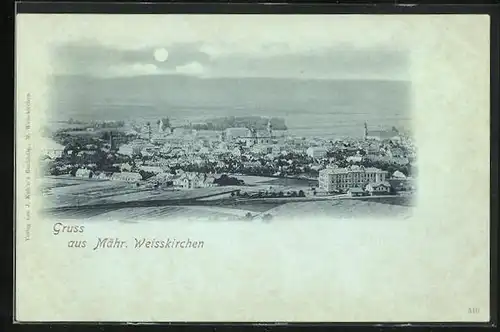 Mondschein-AK Mähr.-Weisskirchen, Ortsansicht aus der Vogelschau