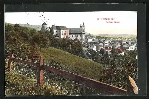 AK Sternberg, Schloss und Kirche im Abendlicht
