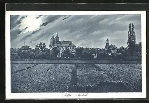 Künstler-AK Mähr. Neustadt, Panorama von Stadt im Mondschein