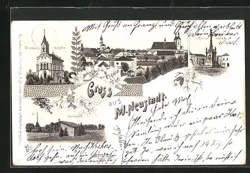 Lithographie Mährisch Neustadt, Friedhofs-Kapelle, Eislaufplatz, Teilansicht der Stadt