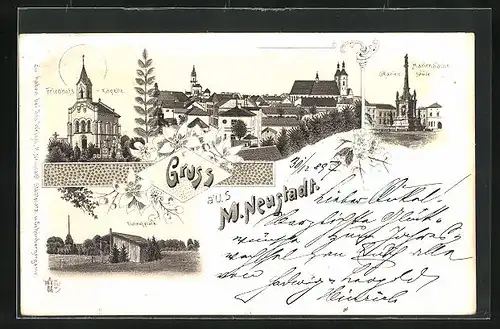 Lithographie Mährisch Neustadt, Friedhofs-Kapelle, Eislaufplatz, Mariensäule