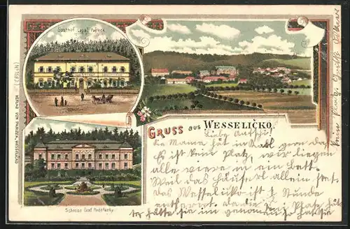 Lithographie Wesselicko, Gasthof Lapac Parizek, Schloss Graf Podstatzky