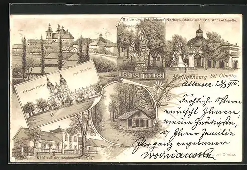 Lithographie Heiligenberg, Haupt-Portal der Kirche, Norbert-Statue und Sct. Anna-Capelle