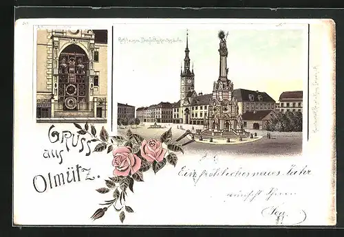 Lithographie Olmütz, Rathaus mit Dreifaltigkeitssäule, Astronom. Kunstuhr