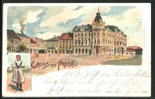 Lithographie Prerau /Prerov, Hauptplatz, Hannakin