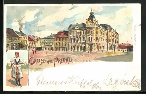 Lithographie Prerau /Prerov, Hauptplatz, Hannakin