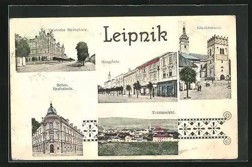 AK Leipnik, Böhm. Realschule, Ringplatz, Deutsche Realschule