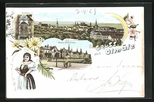 Lithographie Olmütz /Olomouc, Neues Villenviertel, Kunstuhr, Totalansicht