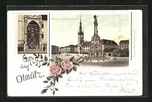 Lithographie Olmütz /Olomouc, Rathaus mit Dreifaltigkeitssäule, Astronom. Kunstuhr