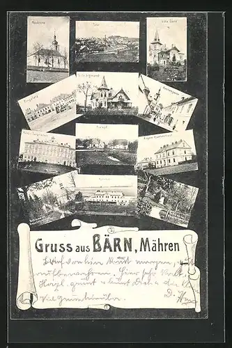 AK Bärn /Mähren, Kirchengasse, Bahnhof, Villa Sigmund, Krankenhaus