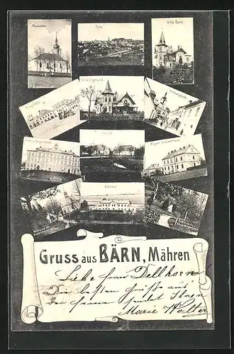 AK Bärn /Mähren, Kirchengasse, Bahnhof, Villa Sigmund, Krankenhaus, Freihof