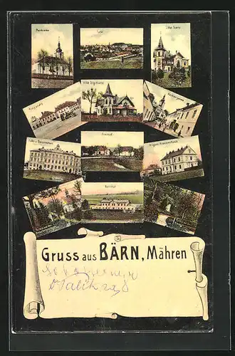AK Bärn /Mähren, Kirchengasse, Bahnhof, Villa Sigmund, Krankenhaus, Pfarrkirche