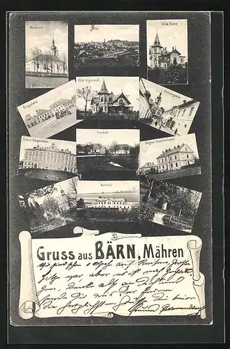 AK Bärn /Mähren, Kirchengasse, Bahnhof, Villa Sigmund, Allgem. Krankenhaus
