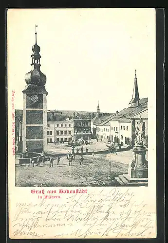 AK Bodenstadt, Hauptplatz mit Uhrturm und Brunnen