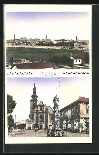 AK Prerov, Denkmal und Kirche, Teilansicht der Stadt