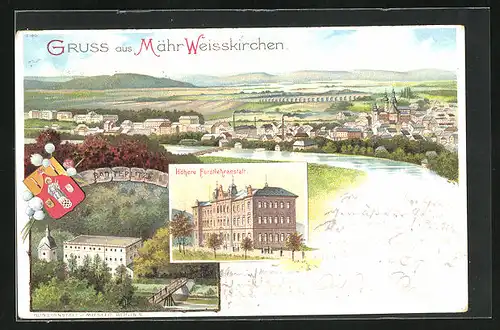 Lithographie Mährisch Weisskirchen, Hotel Bad Teplitz, Höhere Forstlehranstalt