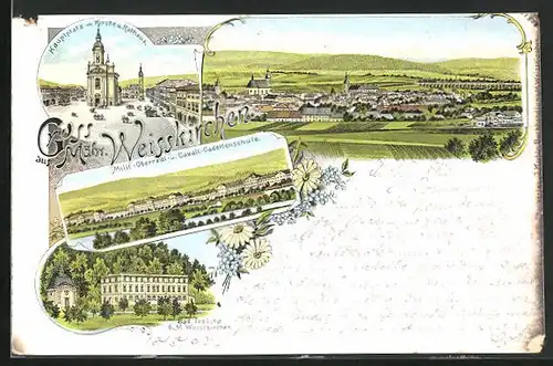 Lithographie Mährisch Weisskirchen, Hotel Bad Teplitz, Hauptplatz mit Kirche und Rathaus