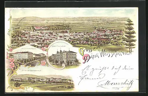 Lithographie Mährisch Weisskirchen, Höhere Forstschule, K. K. Landwehr-Kaserne, Ortsansicht