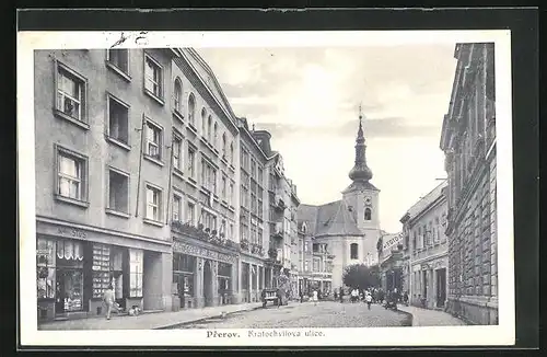 AK Prerov /Prerau, Kratochvilova ulice, Strassenpartie mit Geschäften und Kirche