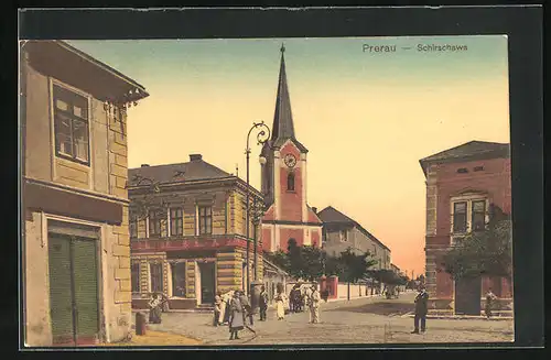 AK Prerau /Prerov, Schirschawa, Strassenpartie mit Kirche