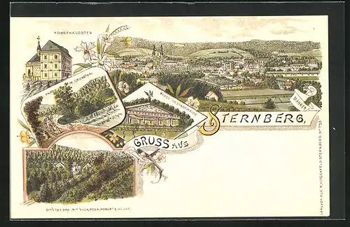 Lithographie Sternberg, Kiosk im Stadtwalde, Nonnenkloster, Douchebad mit Villa Rosa, Hubert und Wlaka