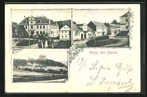 AK Busau, Strassenpartie, Rathaus, Blick zum Schloss
