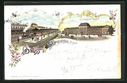 Lithographie Prerau /Prerov, K. F. Nordbahnhof, Aussenansicht und Bahnsteig