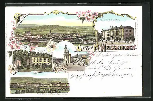 Lithographie M. Weisskirchen, Hotel Bad Teplitz, Höhere Forstlehranstalt, Hauptplatz