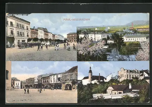 AK Mähr.-Weisskirchen, Marktplatz mit Menschen, Flusspartie, Geschäfte