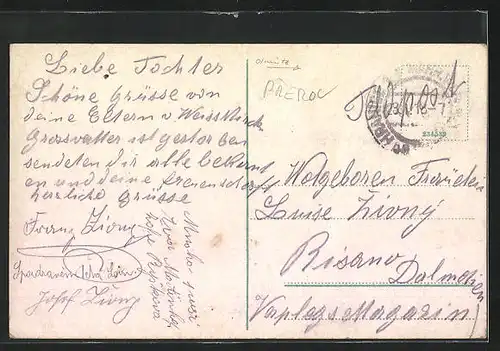 AK Mähr.-Weisskirchen, Marktplatz mit Menschen, Flusspartie, Geschäfte