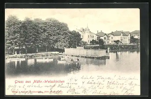 AK Mähr.-Weisskirchen, Flusspartie mit Ruderbooten