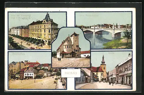 AK Prerau, Neue Beton-Brücke, Zerotin-Platz, Kirche