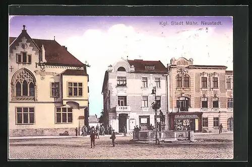 AK Mähr.-Neustadt, Stadtplatz mit Geschäften, Franz Opatril