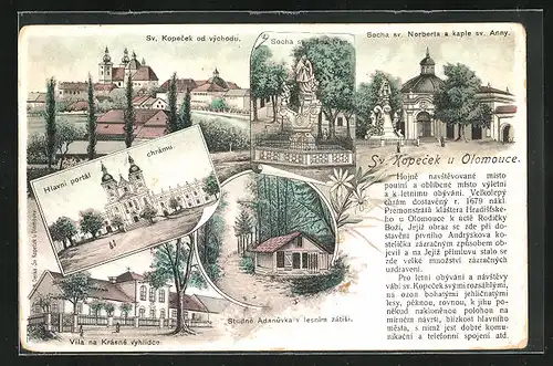 Lithographie Sv. Kopecek u Olomouce, Socha sv Noberta a kaple sv. Anny, Vila na Krasne vyhldce