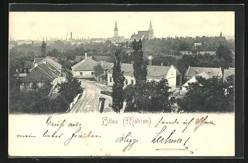 AK Littau b. Mähren, Strassenpartie im Ort mit Blick zur Kirche