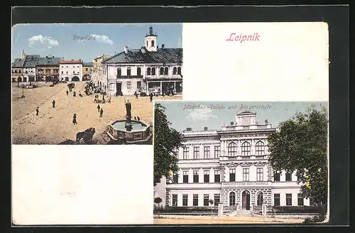 AK Leipnik, Ringplatz, Mädchen-Volks- und Bürgerschule