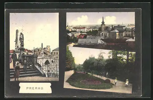 AK Prerau, Passanten auf der Brücke, Parkanlagen