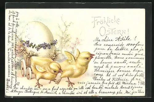AK Osterküken mit Ei auf einem Wagen, Ostergruss