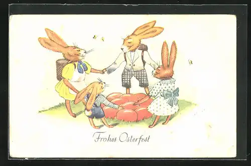 AK Osterhasenfamilie tanzt um Ostereier herum, Osterfest