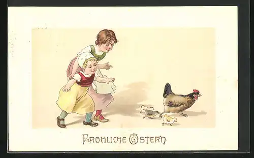 Präge-AK Junge Frau mit Kind läuft Huhn und Küken hinterher, Ostergruss