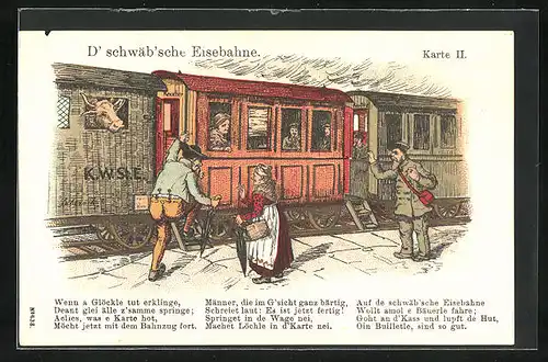 AK D` schwäb` sche Eisebahne, Bauer steigt in den Zug ein