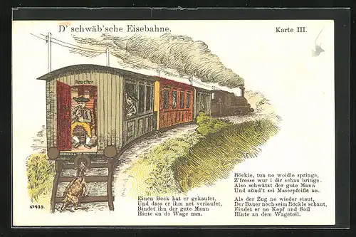 AK D` schwäb` sche Eisebahne, Mann bindet Bock am Wagen an