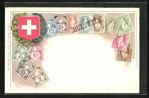 AK Gruppe von Briefmarken und Schweizer Wappen