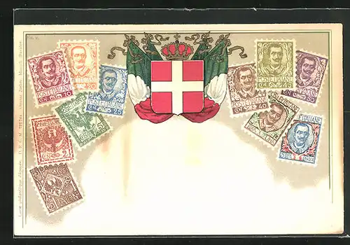 AK Wappen und italienische Briefmarken