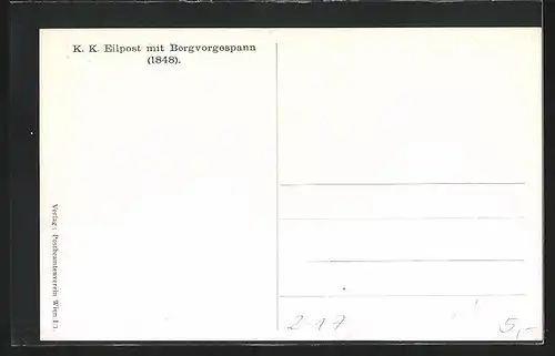 Künstler-AK K. K. Eilpost mit Bergvorgespann, Postkutsche
