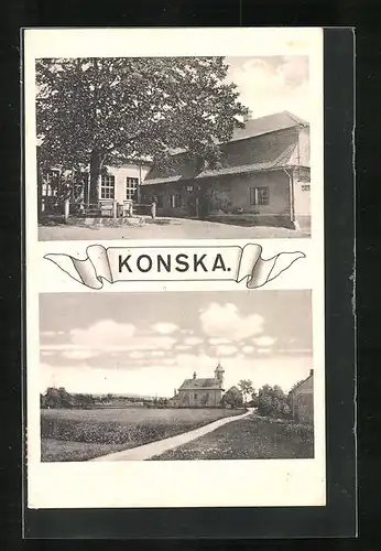 AK Konska, Hostinec /Gasthaus, Strassenpartie mit Kirche