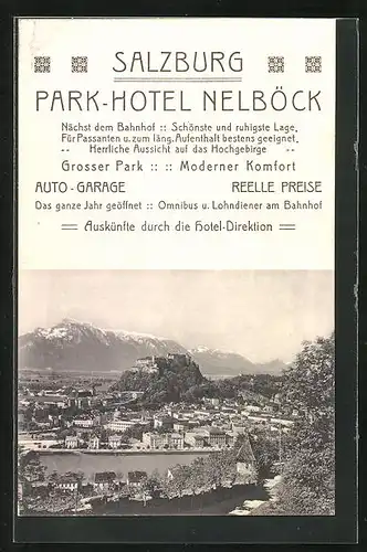 AK Salzburg, Totalansicht mit Hohensalzburg, Reklame für Park-Hotel Nelböck