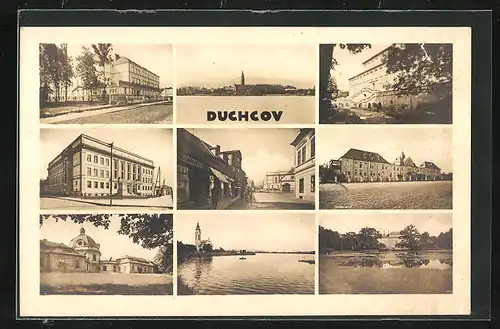 AK Dux / Duchcov, Schloss am See, Strassenpartie