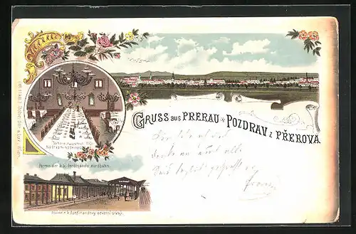 Lithographie Prerau, Innenansicht Bahnrestaurant, Perrori der k. k. Ferdinands Nordbahn
